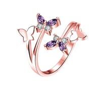 LRGKMCWTOB Gioielli da donna in argento Sterling 925 lucido apertura farfalla regolabile viola zirconi rosa anello placcato oro rosa pietra portafortuna CZ farfalla forma viola cristalli austriaci