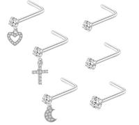 LRGKMCWTOB Piercing da naso a forma di L in argento Sterling 925, 6 pezzi, set di anelli per il naso, croce amore, luna, fiore, cuore, cuore, piercing in acciaio inox con zirconia cubica, set di