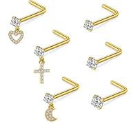 LRGKMCWTOB Piercing da naso a forma di L in argento Sterling 925, 6 pezzi, set di anelli per il naso, croce amore, luna, fiore, cuore, cuore, piercing in acciaio inox con zirconia cubica, set di