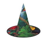 LRHCNZDCP Cappello da strega di Halloween con stampa di ara e tucano appollaiati di foreste pluviali tropicali, per donne e uomini, feste festive, cosplay, accessori di Halloween, 2 pezzi