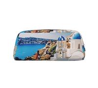 LRHCNZDCP Santorini - Astuccio in pelle con stampa dell'isola greca e vista sul mare, astuccio per penne, matite, trucchi, con cerniera dorata, per adolescenti, ragazze, ragazzi, uomini e donne