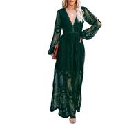 LRISES Maxi abito da donna con scollo a V in pizzo ricamato floreale, stile boho, a maniche corte, per damigella d'onore, serate, feste, Maniche Lunghe Verde Scuro, M