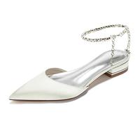 LRMYMHY Décolleté da Sposa da Donna in Satin con Strass Tacco Basso Cinturino alla Caviglia Punta A Punta Slingback Scarpe da Sera per Matrimonio,Avorio,43 EU