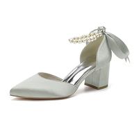 LRMYMHY Donna Tacco A Blocco Scarpe da Sposa Punta A Punta Punta Chiusa Décolleté da Sposa Perla Cinturino alla Caviglia Sandali,Argento,43 EU