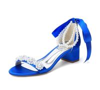 LRMYMHY Sandali da Donna con Tacco Largo E Perle Cinturino alla Caviglia Abito Scarpe da Sposa E da Sera,Blu,36 EU