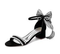 LRMYMHY Sandali da Sposa Abbelliti con Perle Bianche con Fiocco Tacco Bloccato con Cinghia alla Caviglia E Tacco 4.5CM A Punta Aperta,Nero,37 EU