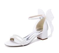 LRMYMHY Sandali da Sposa Abbelliti con Perle Bianche con Fiocco Tacco Bloccato con Cinghia alla Caviglia E Tacco 4.5CM A Punta Aperta,Bianca,35 EU