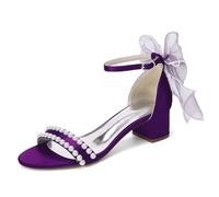 LRMYMHY Sandali da Sposa Abbelliti con Perle Bianche con Fiocco Tacco Bloccato con Cinghia alla Caviglia E Tacco 4.5CM A Punta Aperta,Viola,39 EU