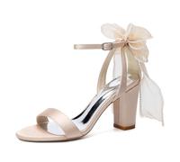 LRMYMHY Sandali da Sposa Eleganti in Raso Bianco con Tacco A Blocco Punta Aperta E Cinturino alla Caviglia con Fiocco in Organza E Perle,Champagne,36 EU