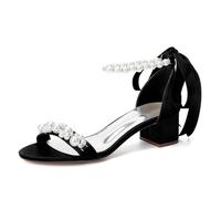 LRMYMHY Scarpe da Sposa con Punta Aperta E Perle per La Sposa Sandali con Tacco Grosso in Raso Cinturino alla Caviglia per Balli E Feste Serali,Nero,38 EU