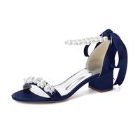 LRMYMHY Scarpe da Sposa con Punta Aperta E Perle per La Sposa Sandali con Tacco Grosso in Raso Cinturino alla Caviglia per Balli E Feste Serali,Marina Militare,42 EU