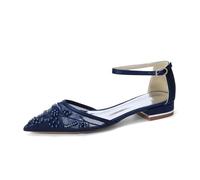 LRMYMHY Scarpe da Sposa da Donna in Pizzo con Punta a Punta Perle Basse Tacco Scarpe da Sera Cinturino alla Caviglia per Festa di Ballo,Marina Militare,40 EU