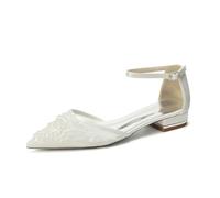 LRMYMHY Scarpe da Sposa da Donna in Pizzo con Punta a Punta Perle Basse Tacco Scarpe da Sera Cinturino alla Caviglia per Festa di Ballo,Avorio,43 EU