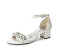 LRMYMHY Scarpe da Sposa Donna con Tacco a Blocco, Punta Aperta in Raso Strass Cinturino alla Caviglia décolleté per Feste da Sera Damigella d'Onore,Avorio,39 EU