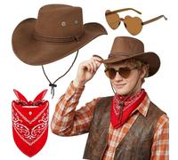 Lrrtdepy Set di 3 cappelli da cowboy unisex, accessori Wild Western con cappello a tesa larga, bandana con cuore e occhiali da sole, per feste di addio al nubilato, Halloween, cosplay, feste rodeo