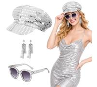 Lrrtdepy Set di 3 cappelli da discoteca anni '70, set di abiti da festa in stile retrò con cappello di paillettes, occhiali da sole e orecchini, per donne e adulti, stile retrò anni '70 e '80, per