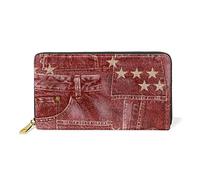Lrtyuasq Portafoglio da donna in vera pelle con cerniera, in denim, patchwork, con stampa, organizer per carte, Motivo Demin Rosso, 4.13"(L) x 7.48"(W), Moderno