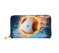 Lrtyuasq Portafoglio in pelle con stampa di fiori di ibisco rosa con 12 porta carte di credito e 3 fermasoldi, pochette lunga per libretto degli assegni e carte di credito, pallavolo con fuoco e
