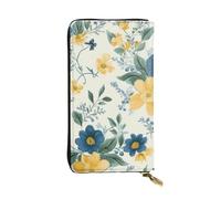 Lrtyuasq Portafoglio in pelle stampata con bandiera del Canada, con 12 porta carte di credito e 3 fermasoldi, pochette lunga per uomo e donna, Motivo floreale giallo con fiori blu, 4.13"(L) x
