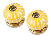 LRTYZBD Pomello per cassetti blu e bianco dipinto a mano per credenze, foro singolo, pomello rotondo da cucina, per mobili, armadi, armadi, porte, 2 pezzi, giallo