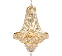 LRUII French Empire Crystal Chandelier Lighting 9 E12 Bulbs with Adjustable Hanging Light Modern Crystal Pendant Flush Mount Ceiling Light Fixture for Dining Living Room Foyer W 24'' x H 30'', Gold