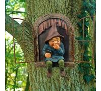 LSDZHK Statua da giardino con motivo "Elf Out The Door", statuetta in resina con gnomo da appendere, decorazione per alberi da giardino, decorazione da giardino, decorazione da donna