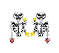 LSE373 - Orecchini pendenti in argento Sterling S925 con zirconia cubica per Halloween, motivo: scheletro, a forma di cuore rosso, in argento Sterling