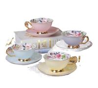 LSHIJI Tazze Caffe 1Piece Tazze da caffè e piattino Set Squisito bordo in oro tè for l'acqua Bellissimo fiore Tazza Accessori cucina in ceramica(4 piece set)