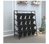 Lshtshf-ddzz Mobile Multi-Layer Plant Stand with Wheels, Iron Flower Display Rack with 16 Plastic Buckets(Black)