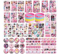 LSJDEER 144 pezzi Gunsten Set, 50 adesivi, 12 per tatuaggi, 12 badge bottoni, 12 mini notebook, 12 braccialetti slap, 12 braccialetti in gomma, 12 borse