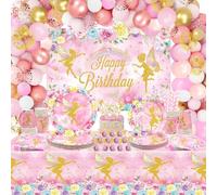 LSJDEER Decorazioni per feste di compleanno con fate - Bomboniere con fate, piatti, tazze, tovaglioli, tovaglie, sfondo di Happy Birthday, palloncini, decorazioni per torta ad arco