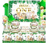 LSJDEER decorazioni per un compleanno selvaggio - forniture per il compleanno della giungla safari- piatti, tovaglioli, tovaglie, cannucce, 1° palloncini, animale selvatico uno sfondo per 1°, serve 20