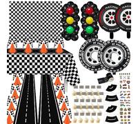 LSJDEER Forniture per Feste per Auto da Corsa, 12 Coni stradali con Fori, 24 Bandiere a Scacchi, Tovaglia per Feste Auto a Scacchi, Palloncini per Pneumatici per Ruote, Tappetino da Corsa (B - Nero)