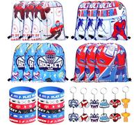 LSJDEER Il set di 36 bomboniere per feste di hockey include 12 sacchetti con coulisse, 12 braccialetti in silicone, 12 portachiavi motivazionali per hockey su ghiaccio, sport, feste, regali di