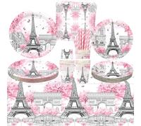 LSJDEER Parigi accessori per feste - Piatti Torre Eiffel - Piatti, Dessert, Bicchieri, Tovaglioli, Tovaglia, Cannucce - Compleanno e baby shower, 20