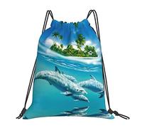 Lsjuee Delfino che nuota nel mare blu Borsa con coulisse per il tempo libero unisex semplice, borse con coulisse da palestra, borse portaoggetti per zaino portatile da esterno
