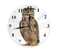 Lsjuee Orologio da parete rotondo con gufo reale, ritratto di gufo reale euroasiatico in piedi davanti a sfondo bianco
