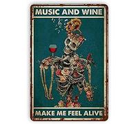 Lsjuee Targa in metallo con teschio musica e vino, musica e vino mi fanno sentire vivo, dipinto in ferro stile vintage per la cucina della camera da letto di casa, 20,3 x 30,5 cm