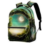Lsjuee Zaini casual Borsa da scuola spaziale per adolescenti Ragazze Ragazzi Abstract Green Tree Hole Moon Lake Borse per libri Zaino con portabottiglie