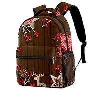 Lsjuee Zaini casual Borsa da scuola spaziale per adolescenti Ragazze Ragazzi Elementi natalizi con struttura in legno Borse per libri Zaino con portabottiglie