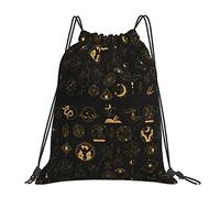 Lsjuee Zaino con coulisse Tarocchi Astrologia Oro Nero Witchy String Borsa da palestra Pull Cinch Sackpack per uomo Donna Sport Yoga Viaggi Nuoto