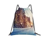Lsjuee Zaino con coulisse Winter Road Snow Tree Landscape Forest String Borsa da palestra Pull Cinch Sackpack per uomo Donna Sport Yoga Viaggi Nuoto Escursionismo