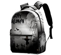 Lsjuee Zaino scolastico per ragazze e ragazzi con scomparto per laptop | Black Halloween Night Ghost Cat Scarecrow Bat Tomb Print