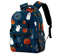 Lsjuee Zaino scolastico per ragazze e ragazzi con scomparto per laptop | Stampa del ragno del pipistrello del fantasma della zucca di Halloween