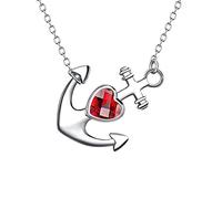 LSN258 - Collana in argento Sterling S925 con ciondolo a forma di cuore rosso e zircone cubico laterale, collana con ciondolo a forma di ancora