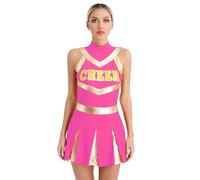 LSNNMU Costume da cheerleader lucido donna, vestito ballo con stampa plissettata, studentessa sexy e giovanile(Hot Pink,XL)