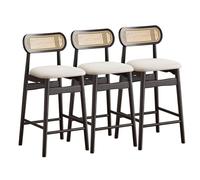 Lsoiup Set di 3 sgabelli da bar in rattan, sgabelli da bar moderni Mid-Century imbottiti in pelle PU, sedie da bar for isola da cucina con schienale basso in rattan, gambe in legno(Black,Height 55cm)