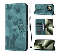 LSPCASA Xiaomi 14T Katlanır Deri Kılıf - Kart Bölmeli, Dik Durma Fonksiyonlu, Kediler ve Kelebek Desenli - Yeşil