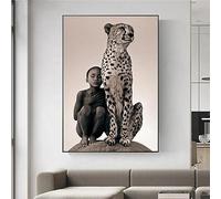 LSYALUCK Immagini di animali Bambino con ghepardo Poster e stampe Dipinti su tela Arte della parete per soggiorno Ragazzo Leopardo Decorazioni per la casa 30x52 cm (12x20 pollici) Cornice interna