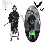 LSYCSYLY Costume Mietitore Bambino Effetto Luminoso Notturno - Set Completo Tuta + Falce + Catena, Diventa un Mietitore Spaventosamente Realistico e Luminoso per Halloween e Feste a Tema Morte (XL)